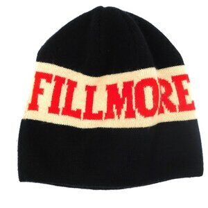 Vintage Unisex Fillmore Black Red and White Lettering Striped Winter Knit Beanie